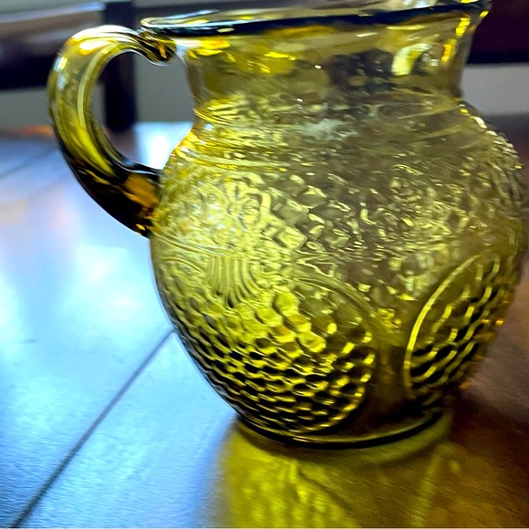 Vintage Avalos Mexican Handblown Floral & Fruit Small Amber/Green Glass Pitcher - Picture 6 of 16